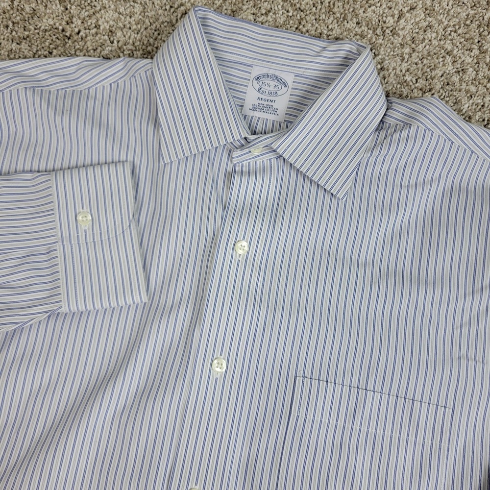 Brooks Brothers Regent Mens 15.5-35 Blue Gray Striped Button Up Long Sleeve